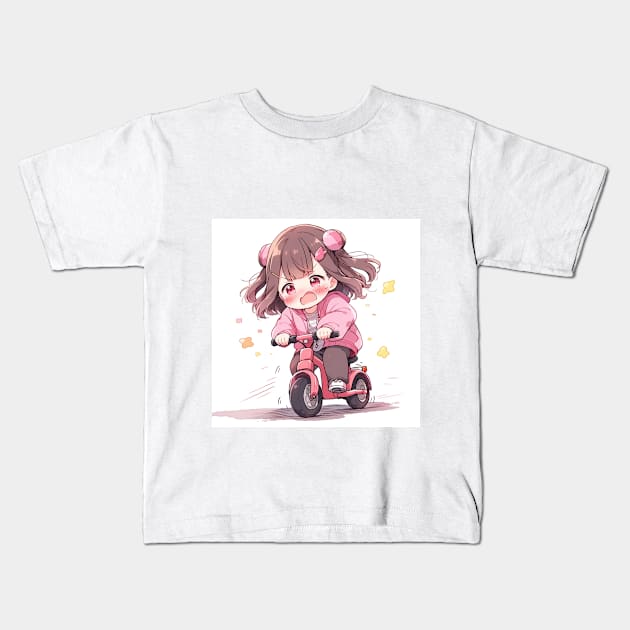 Chibi girl ride a bike Kids T-Shirt by WabiSabi Wonders